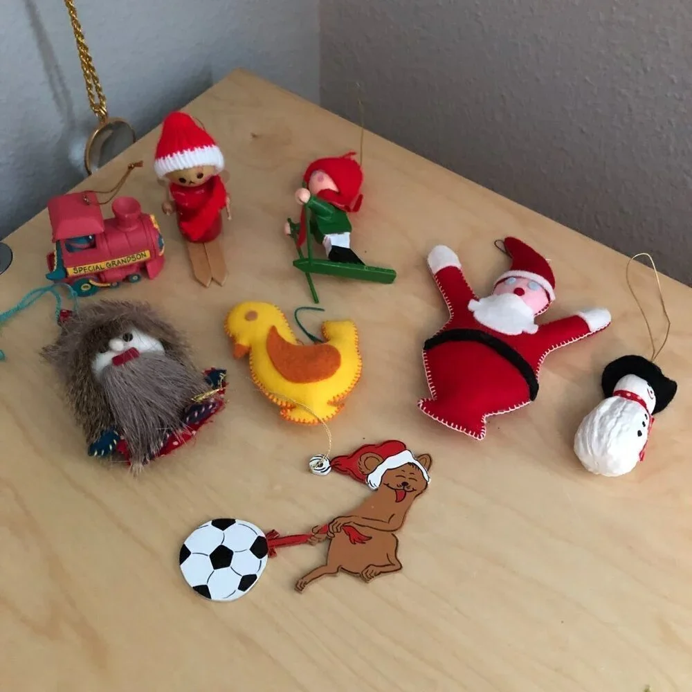 Vintage Christmas Ornament LOT of 8 Fur Painted Flocked Wood Ceramic Unique